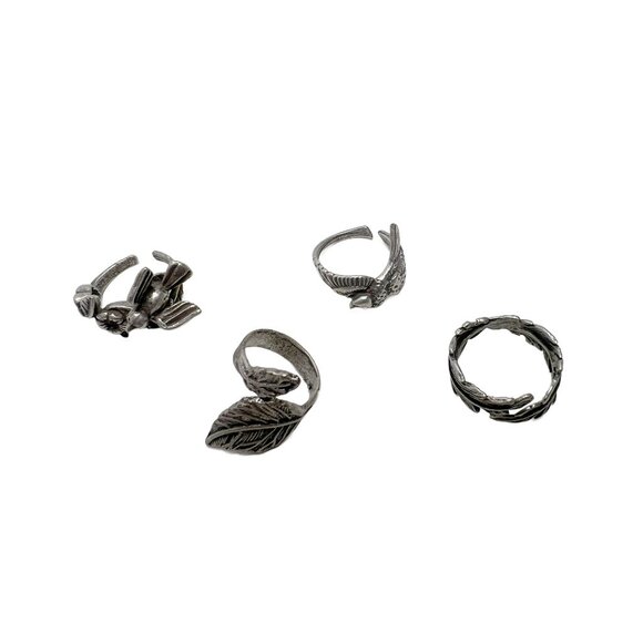 Adjustable Nature Themed Rings Birds Leaves Feathers Matte Silver Tone 4 Pieces - Picture 2 of 9